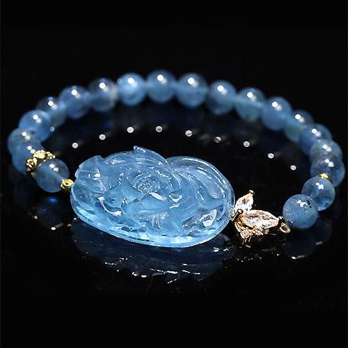 〔K1801〕アクアマリン 花彫刻 Aquamarine デザインブレスレット【FOREST 天然石 パワーストーン】