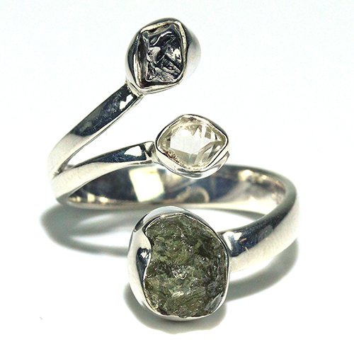 〔R469-19〕天然モルダバイト 鉄隕石 ハーキマーダイヤモンド sv925 リング 指輪 サイズフリー meteorite