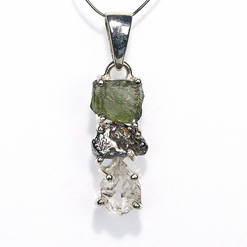 〔J367-10〕天然モルダバイト 鉄隕石 ハーキマーダイヤモンド sv925 ペンダントトップ meteorite