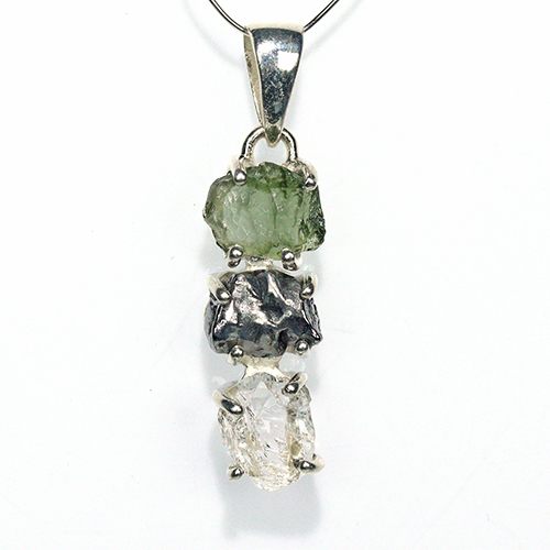 〔J367-11〕天然モルダバイト 鉄隕石 ハーキマーダイヤモンド sv925 ペンダントトップ meteorite