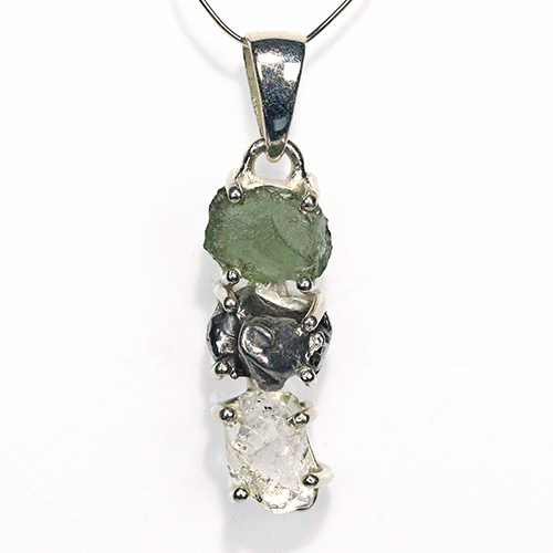 〔J367-12〕天然モルダバイト 鉄隕石 ハーキマーダイヤモンド sv925 ペンダントトップ meteorite