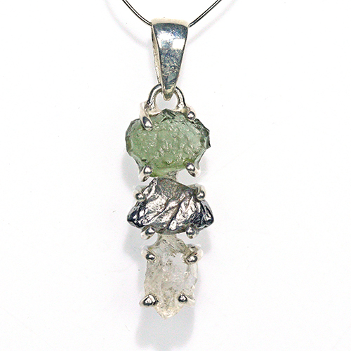 〔J367-17〕天然モルダバイト 鉄隕石 ハーキマーダイヤモンド sv925 ペンダントトップ meteorite