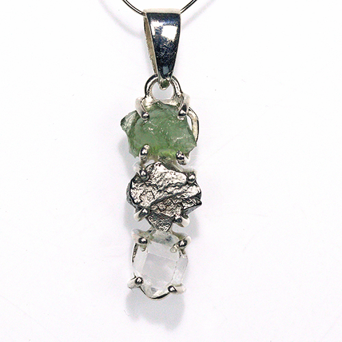 〔J367-18〕天然モルダバイト 鉄隕石 ハーキマーダイヤモンド sv925 ペンダントトップ meteorite