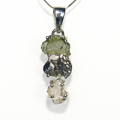 〔J367-19〕天然モルダバイト 鉄隕石 ハーキマーダイヤモンド sv925 ペンダントトップ meteorite