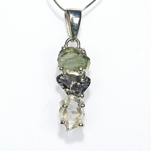 〔J367-23〕天然モルダバイト 鉄隕石 ハーキマーダイヤモンド sv925 ペンダントトップ meteorite