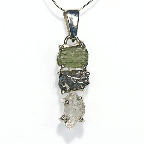 〔J367-24〕天然モルダバイト 鉄隕石 ハーキマーダイヤモンド sv925 ペンダントトップ meteorite