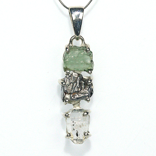 〔J367-3〕天然モルダバイト 鉄隕石 ハーキマーダイヤモンド sv925 ペンダントトップ meteorite