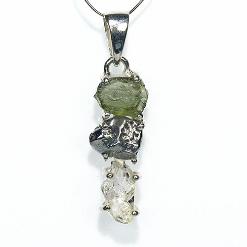 〔J367-6〕天然モルダバイト 鉄隕石 ハーキマーダイヤモンド sv925 ペンダントトップ meteorite