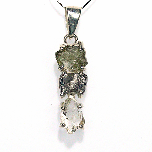 〔J367-7〕天然モルダバイト 鉄隕石 ハーキマーダイヤモンド sv925 ペンダントトップ meteorite