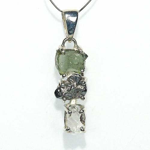 〔J367-8〕天然モルダバイト 鉄隕石 ハーキマーダイヤモンド sv925 ペンダントトップ meteorite