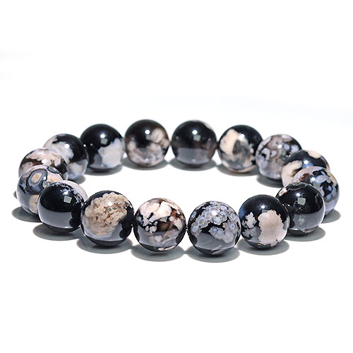 〔K1934〕約13mm 夜桜瑪瑙  ブラックチェリーブロッサムアゲート ブレスレット【ランダム発送】