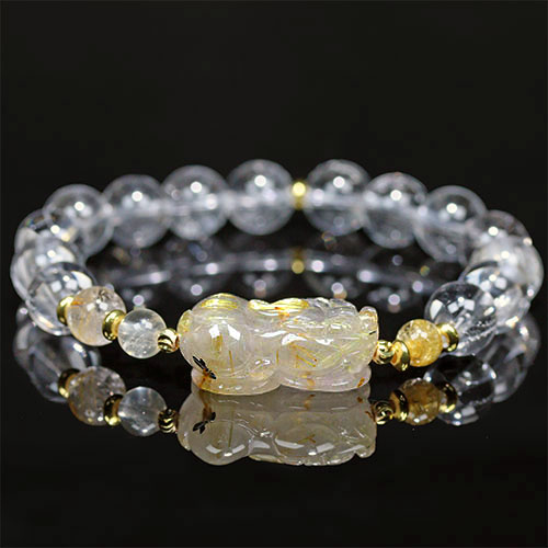 〔K2008-1〕ルチルクォーツ＆水晶 貔貅 ヒキュウ ブレスレット【FOREST 天然石 パワーストーン】