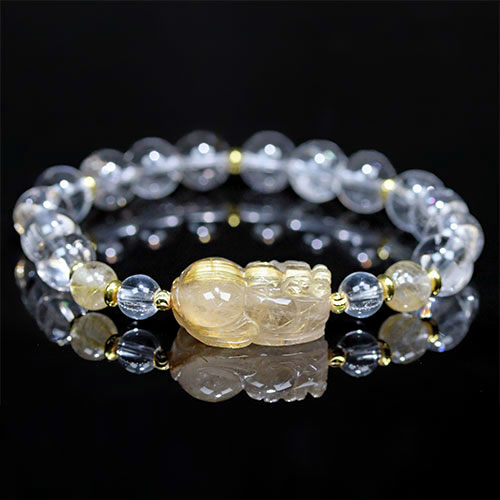 〔K2008-2〕ルチルクォーツ＆水晶 貔貅 ヒキュウ ブレスレット【FOREST 天然石 パワーストーン】