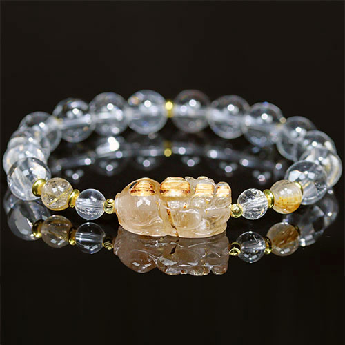 〔K2008-3〕ルチルクォーツ＆水晶 貔貅 ヒキュウ ブレスレット【FOREST 天然石 パワーストーン】