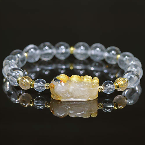 〔K2008-4〕ルチルクォーツ＆水晶 貔貅 ヒキュウ ブレスレット【FOREST 天然石 パワーストーン】