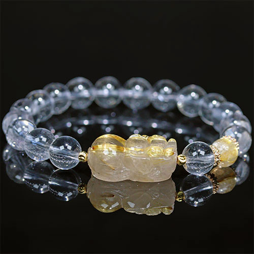 〔K2008-5〕ルチルクォーツ＆水晶 貔貅 ヒキュウ ブレスレット【FOREST 天然石 パワーストーン】