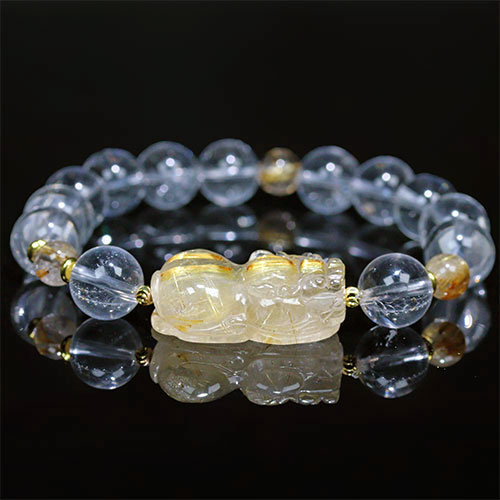 〔K2008-6〕ルチルクォーツ＆水晶 貔貅 ヒキュウ ブレスレット【FOREST 天然石 パワーストーン】