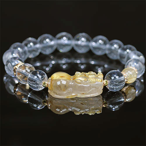 〔K2008-7〕ルチルクォーツ＆水晶 貔貅 ヒキュウ ブレスレット【FOREST 天然石 パワーストーン】