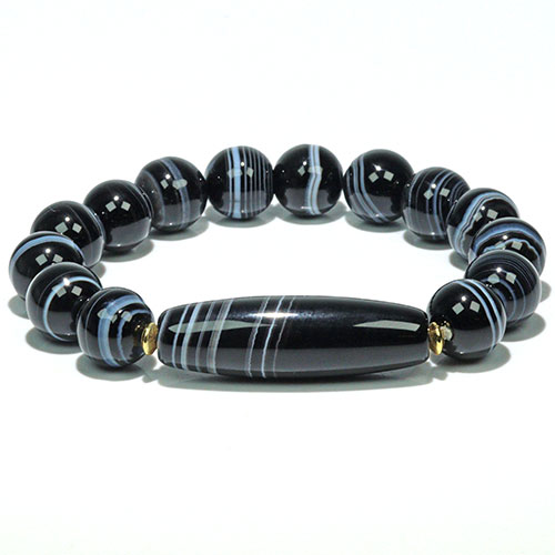 〔K2014〕約12mm 天然黒縞瑪瑙 天珠 線珠 ブレスレット ブラックサードオニキス【ランダム発送】