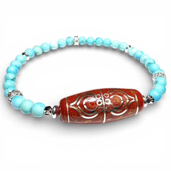 〔K2060-1〕銀線金剛杵大漆オパール天珠&湖北ブルーターコイズ デザインブレスレット中国伝統漆芸