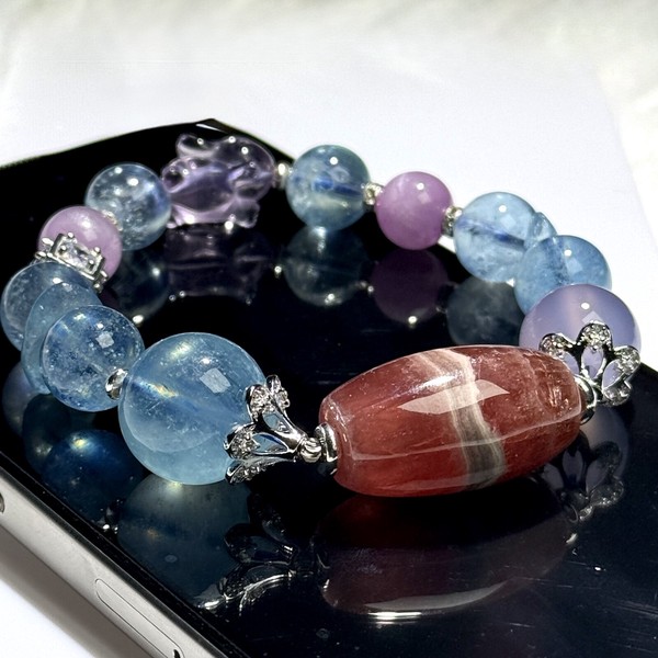 〔K2077〕高品質 インカローズ&アクアマリン デザインブレスレット