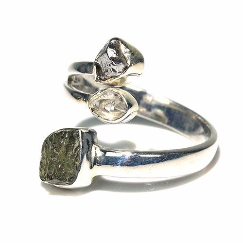 〔R469-1〕天然モルダバイト 鉄隕石 ハーキマーダイヤモンド sv925 リング 指輪 サイズフリー meteorite