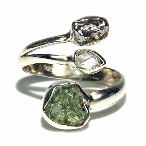 〔R469-12〕天然モルダバイト 鉄隕石 ハーキマーダイヤモンド sv925 リング 指輪 サイズフリー meteorite