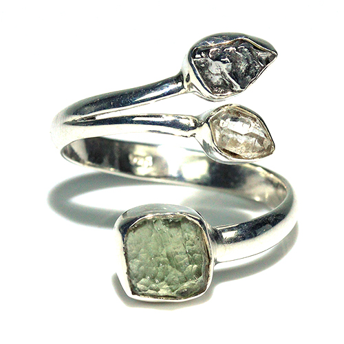 〔R469-14〕天然モルダバイト 鉄隕石 ハーキマーダイヤモンド sv925 リング 指輪 サイズフリー meteorite