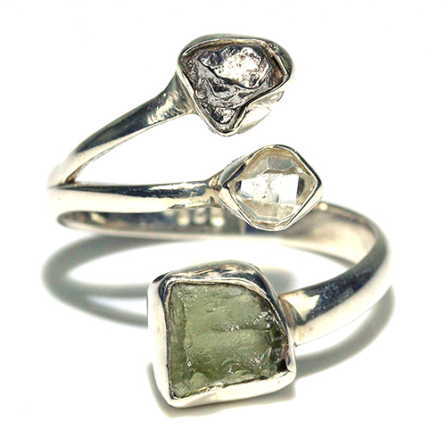 〔R469-16〕天然モルダバイト 鉄隕石 ハーキマーダイヤモンド sv925 リング 指輪 サイズフリー meteorite