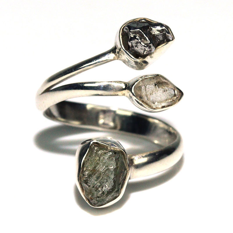 〔R469-17〕天然モルダバイト 鉄隕石 ハーキマーダイヤモンド sv925 リング 指輪 サイズフリー meteorite