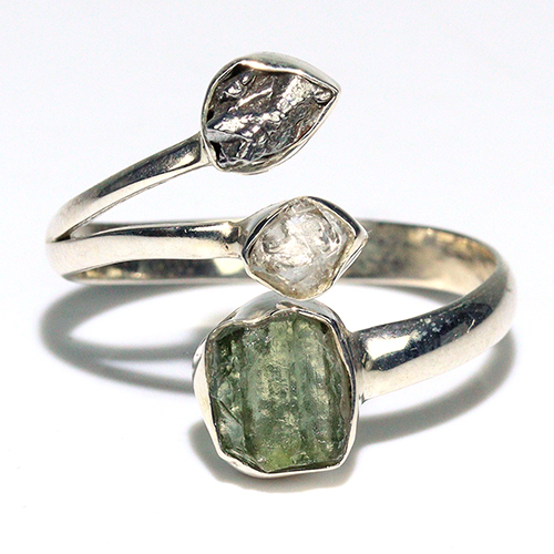 〔R469-21〕天然モルダバイト 鉄隕石 ハーキマーダイヤモンド sv925 リング 指輪 サイズフリー meteorite