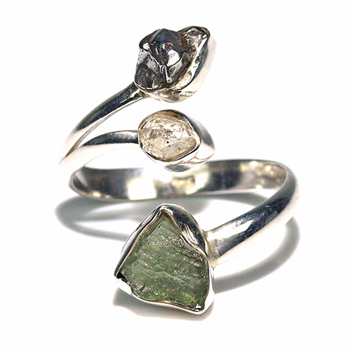 〔R469-23〕天然モルダバイト 鉄隕石 ハーキマーダイヤモンド sv925 リング 指輪 サイズフリー meteorite