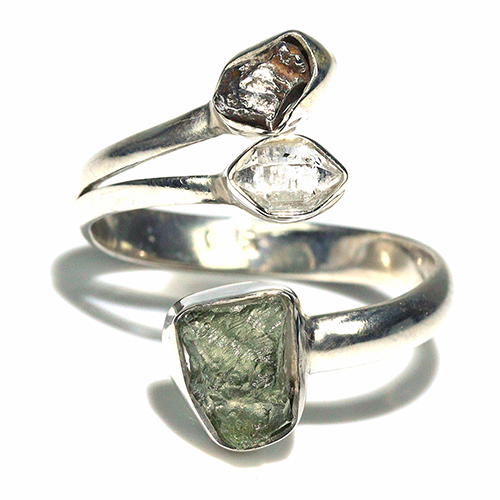 〔R469-24〕天然モルダバイト 鉄隕石 ハーキマーダイヤモンド sv925 リング 指輪 サイズフリー meteorite