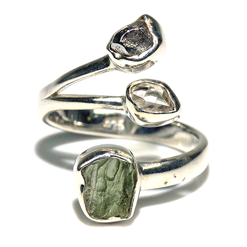 〔R469-26〕天然モルダバイト 鉄隕石 ハーキマーダイヤモンド sv925 リング 指輪 サイズフリー meteorite