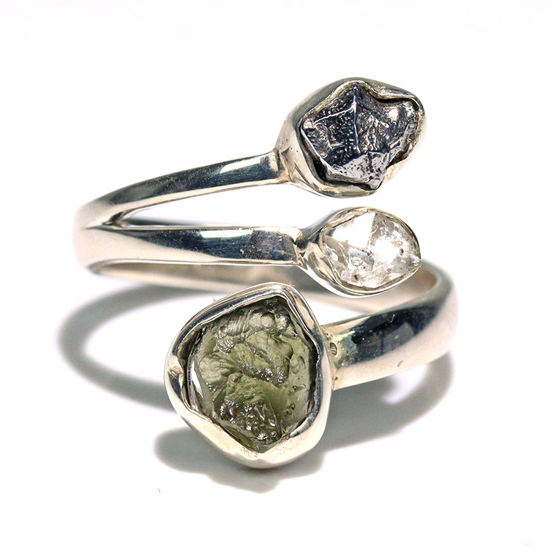 〔R469-28〕天然モルダバイト 鉄隕石 ハーキマーダイヤモンド sv925 リング 指輪 サイズフリー meteorite