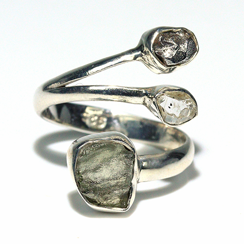 〔R469-3〕天然モルダバイト 鉄隕石 ハーキマーダイヤモンド sv925 リング 指輪 サイズフリー meteorite