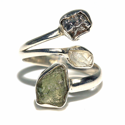 〔R469-4〕天然モルダバイト 鉄隕石 ハーキマーダイヤモンド sv925 リング 指輪 サイズフリー meteorite