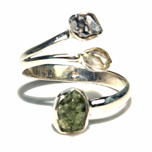 〔R469-9〕天然モルダバイト 鉄隕石 ハーキマーダイヤモンド sv925 リング 指輪 サイズフリー meteorite